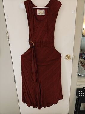 Anthropologie Sleeveless Belted Midi Dress in Burgundy
